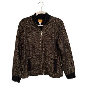 Ruby Rd. Women’s Black Gold Cheetah Print Zip Up Jacket Size Large